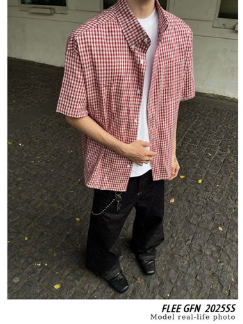 Férfiaknak készült amerikai retro piros kockás rövid ujjú ing, lazán szabott, casual, sokoldalú, prémium megjelenés