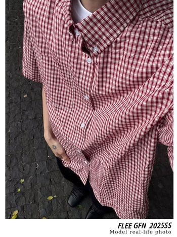 Férfiaknak készült amerikai retro piros kockás rövid ujjú ing, lazán szabott, casual, sokoldalú, prémium megjelenés