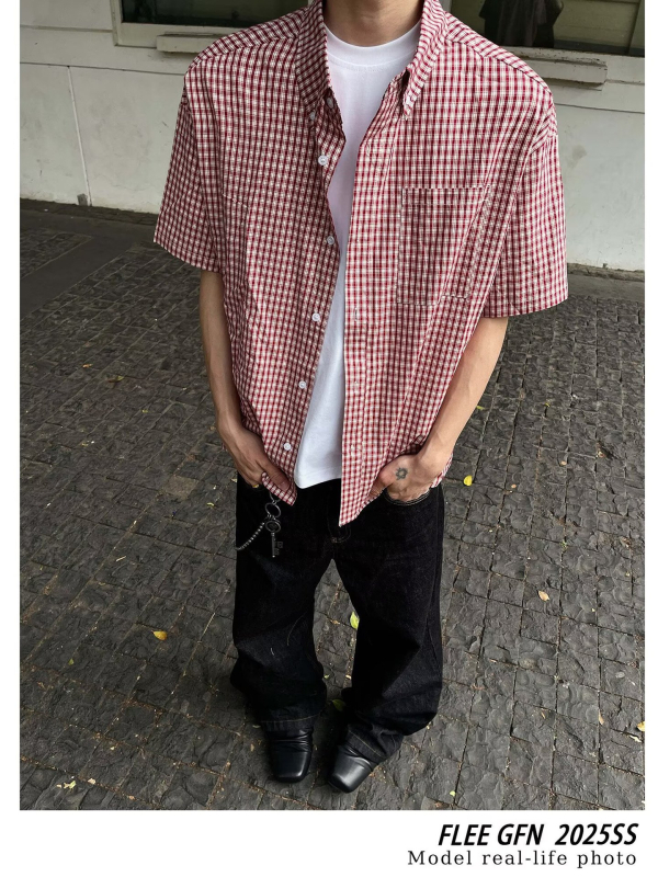 Férfiaknak készült amerikai retro piros kockás rövid ujjú ing, lazán szabott, casual, sokoldalú, prémium megjelenés