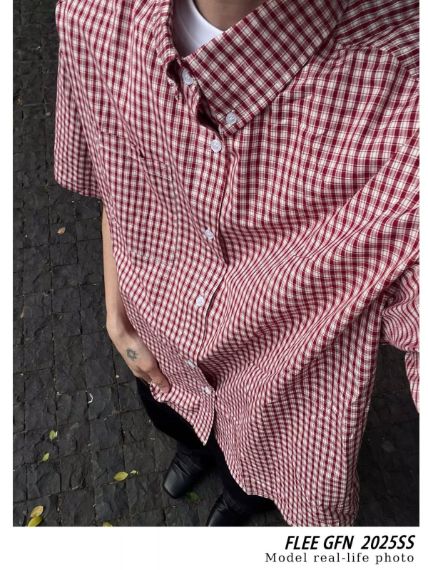 Férfiaknak készült amerikai retro piros kockás rövid ujjú ing, lazán szabott, casual, sokoldalú, prémium megjelenés