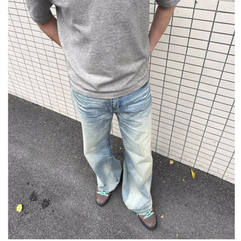 Cleanfit Férfi laza szabású farmernadrág - kék mosott denim, amerikai utcai stílus