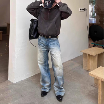 Cleanfit Férfi laza szabású farmernadrág - kék mosott denim, amerikai utcai stílus