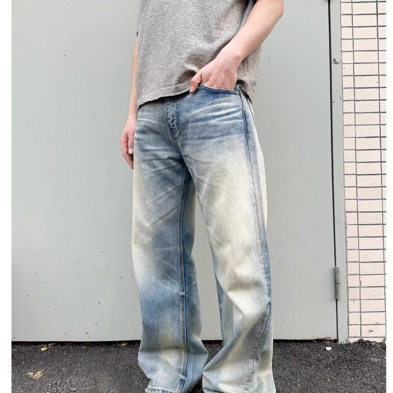 Cleanfit Férfi laza szabású farmernadrág - kék mosott denim, amerikai utcai stílus