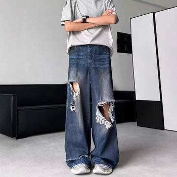 Férfi kopott mosott farmernadrág, egyenes szabás, laza fazon, streetwear tavasz–ősz