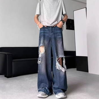 Férfi kopott mosott farmernadrág, egyenes szabás, laza fazon, streetwear tavasz–ősz