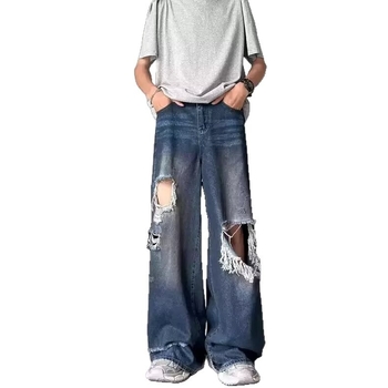 Férfi kopott mosott farmernadrág, egyenes szabás, laza fazon, streetwear tavasz–ősz