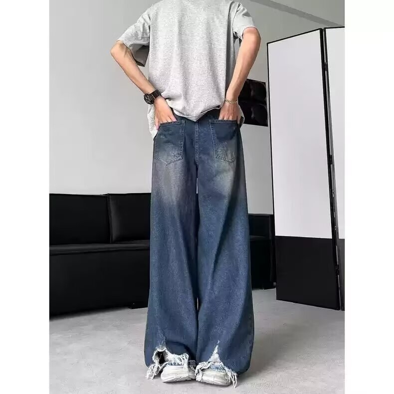 Férfi kopott mosott farmernadrág, egyenes szabás, laza fazon, streetwear tavasz–ősz