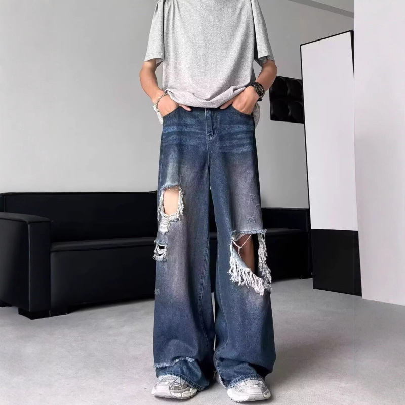 Férfi kopott mosott farmernadrág, egyenes szabás, laza fazon, streetwear tavasz–ősz
