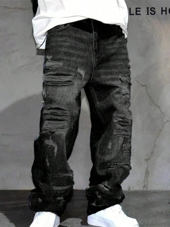 Férfi farmernadrág denim anyagból, egyenes szabás, laza fazon, retro mosás, distressed hatás