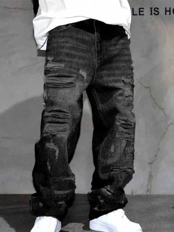 Férfi farmernadrág denim anyagból, egyenes szabás, laza fazon, retro mosás, distressed hatás