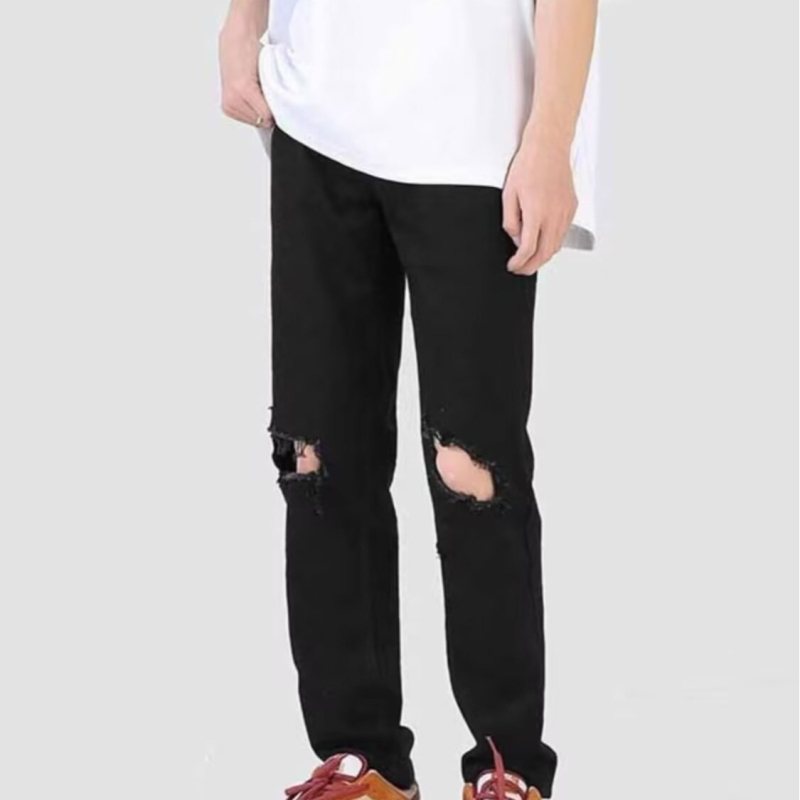Férfi fekete szakadt farmernadrág, nyár, laza egyenes szabás, amerikai street style, hongkongi hatású casual nadrág