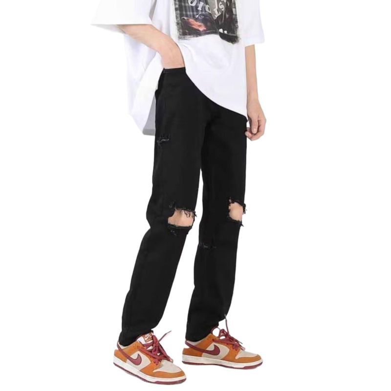 Férfi fekete szakadt farmernadrág, nyár, laza egyenes szabás, amerikai street style, hongkongi hatású casual nadrág