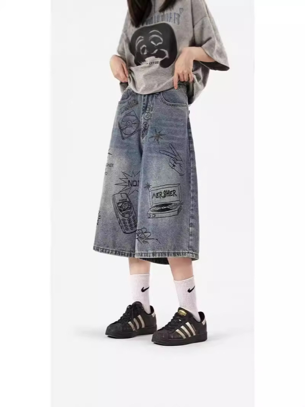 Férfi cropped denim rövidnadrág, amerikai graffiti stílus, 2025-ös retro laza szabás, egyenes széles szár