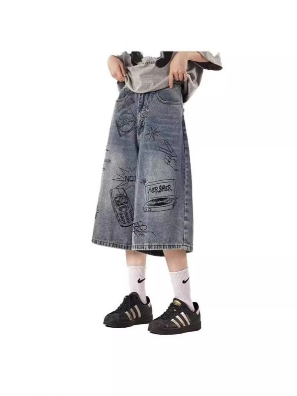 Férfi cropped denim rövidnadrág, amerikai graffiti stílus, 2025-ös retro laza szabás, egyenes széles szár