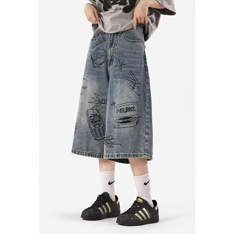 Férfi cropped denim rövidnadrág, amerikai graffiti stílus, 2025-ös retro laza szabás, egyenes széles szár