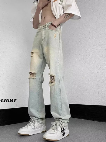 Férfi szakadt, mosott denim farmernadrág, egyenes szabás, széles sziluett, mindennapi viselet