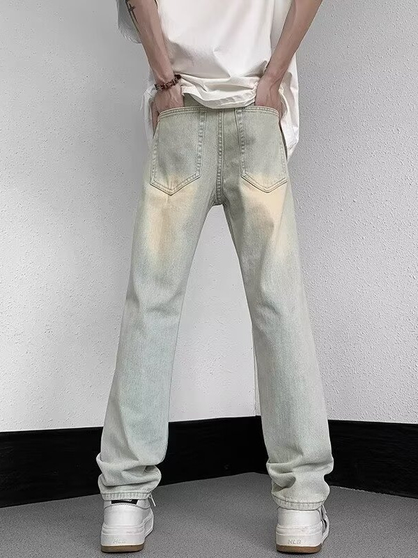 Férfi szakadt, mosott denim farmernadrág, egyenes szabás, széles sziluett, mindennapi viselet
