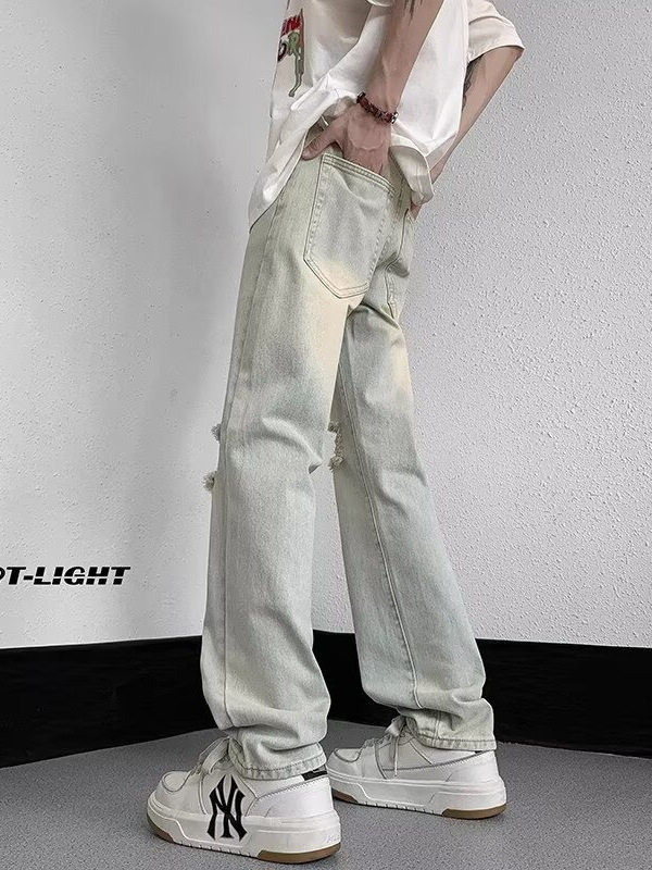 Férfi szakadt, mosott denim farmernadrág, egyenes szabás, széles sziluett, mindennapi viselet