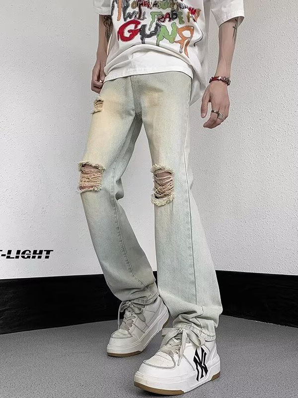 Férfi szakadt, mosott denim farmernadrág, egyenes szabás, széles sziluett, mindennapi viselet