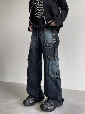 Washed distressed férfi farmer, Cleanfit laza egyenes szabás, sötétkék munkás nadrág, széles szárú