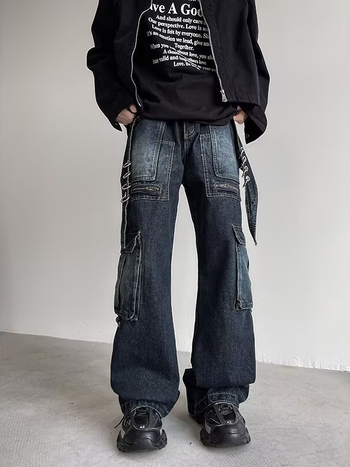 Washed distressed férfi farmer, Cleanfit laza egyenes szabás, sötétkék munkás nadrág, széles szárú