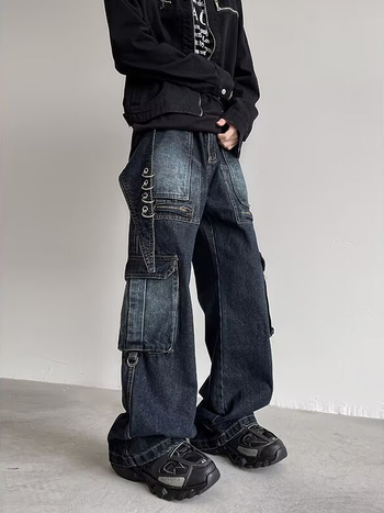 Washed distressed férfi farmer, Cleanfit laza egyenes szabás, sötétkék munkás nadrág, széles szárú