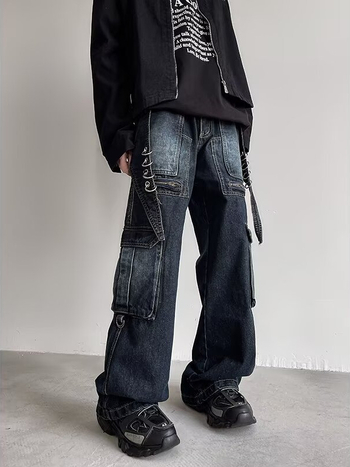 Washed distressed férfi farmer, Cleanfit laza egyenes szabás, sötétkék munkás nadrág, széles szárú