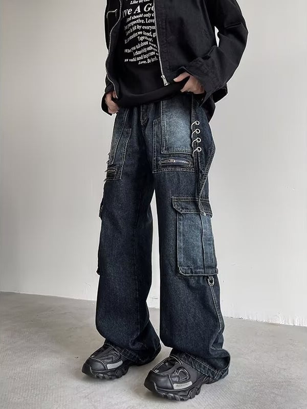 Washed distressed férfi farmer, Cleanfit laza egyenes szabás, sötétkék munkás nadrág, széles szárú
