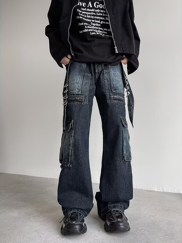 Washed distressed férfi farmer, Cleanfit laza egyenes szabás, sötétkék munkás nadrág, széles szárú