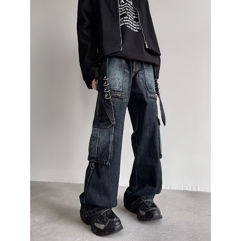 Washed distressed férfi farmer, Cleanfit laza egyenes szabás, sötétkék munkás nadrág, széles szárú