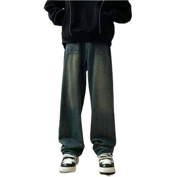 Férfi denim farmernadrág, laza egyenes szabás, széles lábak, padlót érő hosszúságú, streetwear-stílus ősze 2026