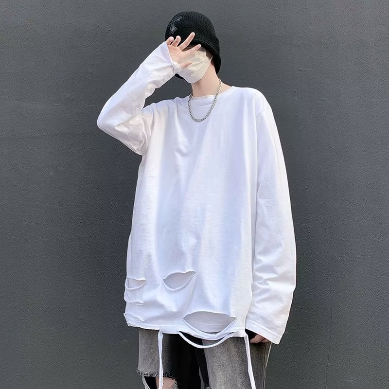 Férfi hosszú ujjú póló, szakadt streetwear stílus, laza szabás, koreai inspiráció