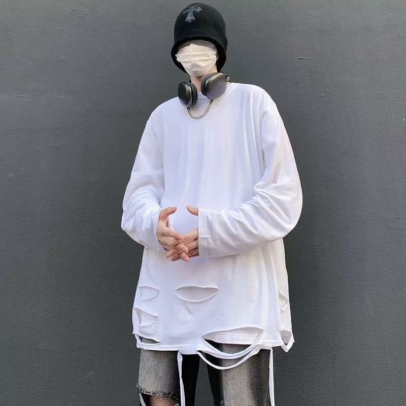 Férfi hosszú ujjú póló, szakadt streetwear stílus, laza szabás, koreai inspiráció