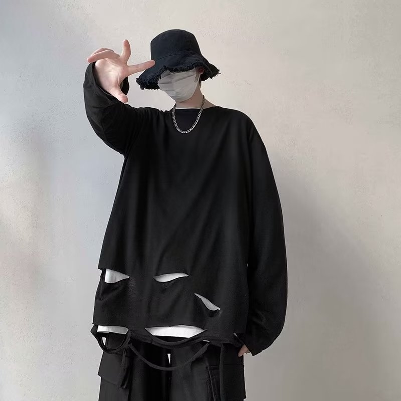 Férfi hosszú ujjú póló, szakadt streetwear stílus, laza szabás, koreai inspiráció