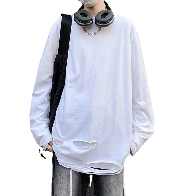 Férfi hosszú ujjú póló, szakadt streetwear stílus, laza szabás, koreai inspiráció