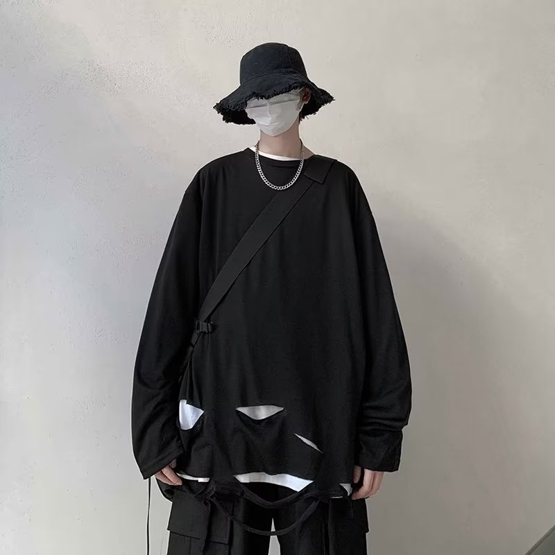 Férfi hosszú ujjú póló, szakadt streetwear stílus, laza szabás, koreai inspiráció