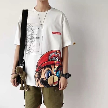 Férfi nyári rövid ujjú póló Hongkong-stílusú hiphop karikatúra nyomással, laza szabás