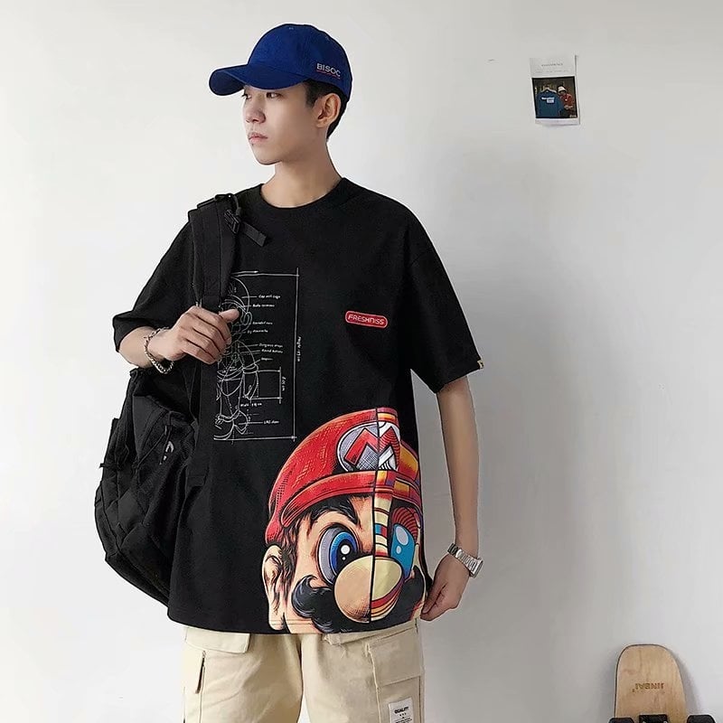 Férfi nyári rövid ujjú póló Hongkong-stílusú hiphop karikatúra nyomással, laza szabás