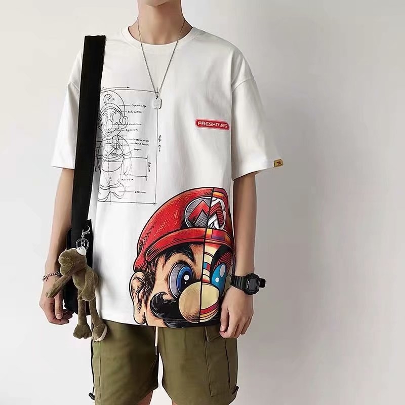 Férfi nyári rövid ujjú póló Hongkong-stílusú hiphop karikatúra nyomással, laza szabás