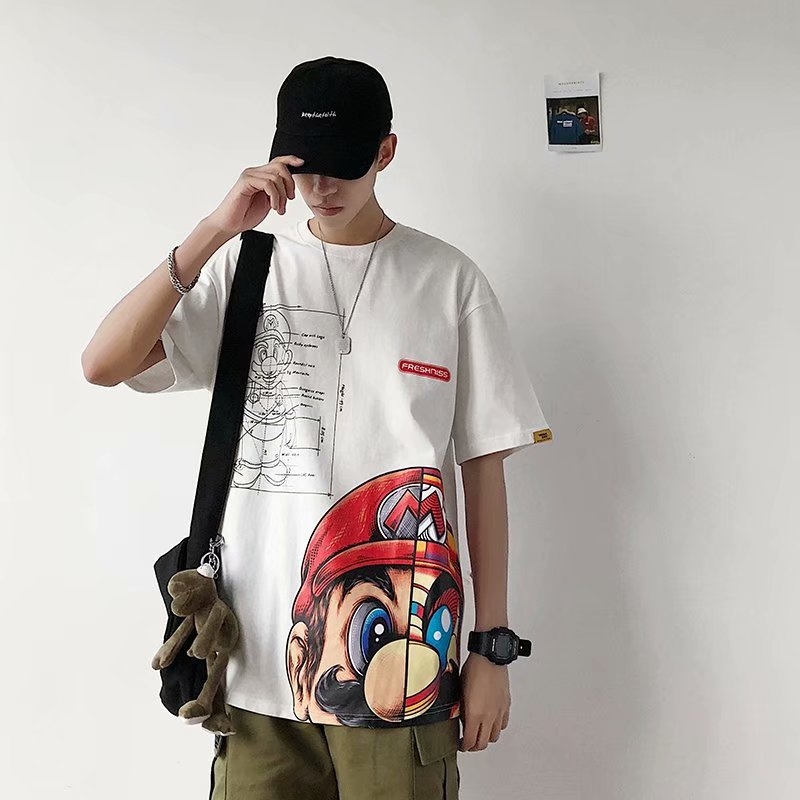 Férfi nyári rövid ujjú póló Hongkong-stílusú hiphop karikatúra nyomással, laza szabás