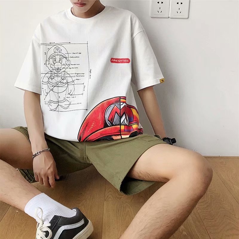 Férfi nyári rövid ujjú póló Hongkong-stílusú hiphop karikatúra nyomással, laza szabás