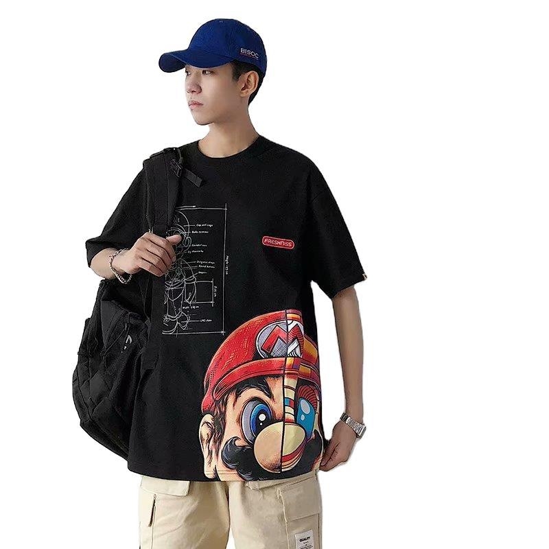 Férfi nyári rövid ujjú póló Hongkong-stílusú hiphop karikatúra nyomással, laza szabás