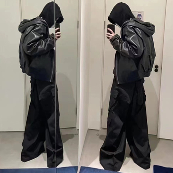 Férfi sötét munkásnadrág több zsebbel, széles szabású, padlóig érő hossz, RO-ihletett amerikai streetwear