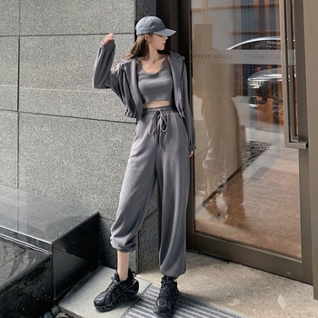Divatos sportos és casual szett tavasz-őszre, koreai stílusú laza szabásvonal, három darabból álló készlet: mellény, kabát és nadrág