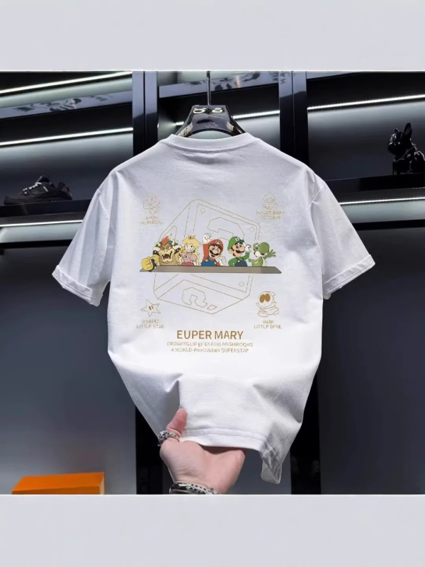 Férfi pamut rövid ujjú póló, laza szabás, karikatúra nyomtatás, kerek nyak, nyár