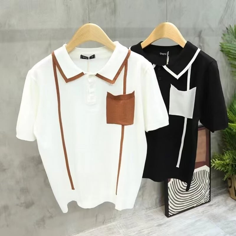 2025 nyári vékony kötött rövid ujjú férfi póló galléval, slim fit
