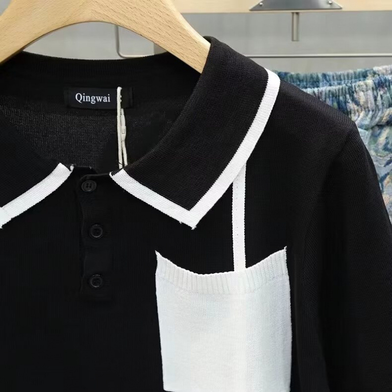 2025 nyári vékony kötött rövid ujjú férfi póló galléval, slim fit
