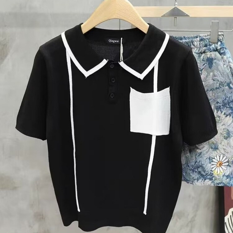 2025 nyári vékony kötött rövid ujjú férfi póló galléval, slim fit
