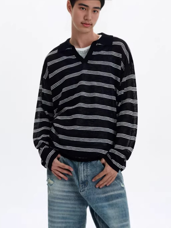 Pulover polo tricotat cu dungi, pentru bărbați, decolteu în V, primăvara 2026, stil Old Money, top casual pentru stratificare