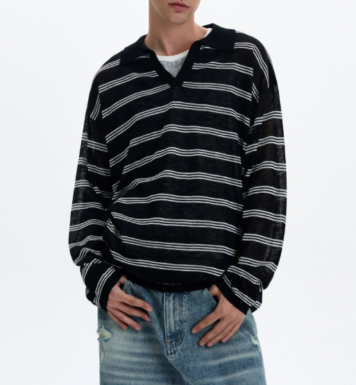 Pulover polo tricotat cu dungi, pentru bărbați, decolteu în V, primăvara 2026, stil Old Money, top casual pentru stratificare